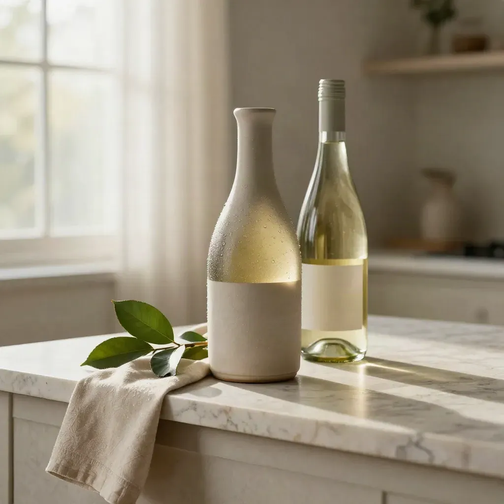 Caraffa di ceramica con vino bianco su marmo chiaro, foglie di cedro e luce mattutina.
