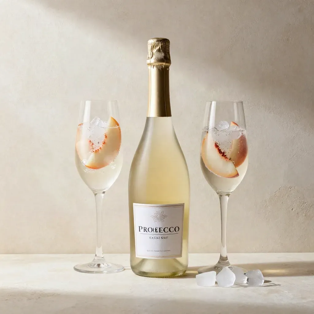 Flatlay di Prosecco, due calici, pesche bianche e ghiaccio su fondo chiaro.