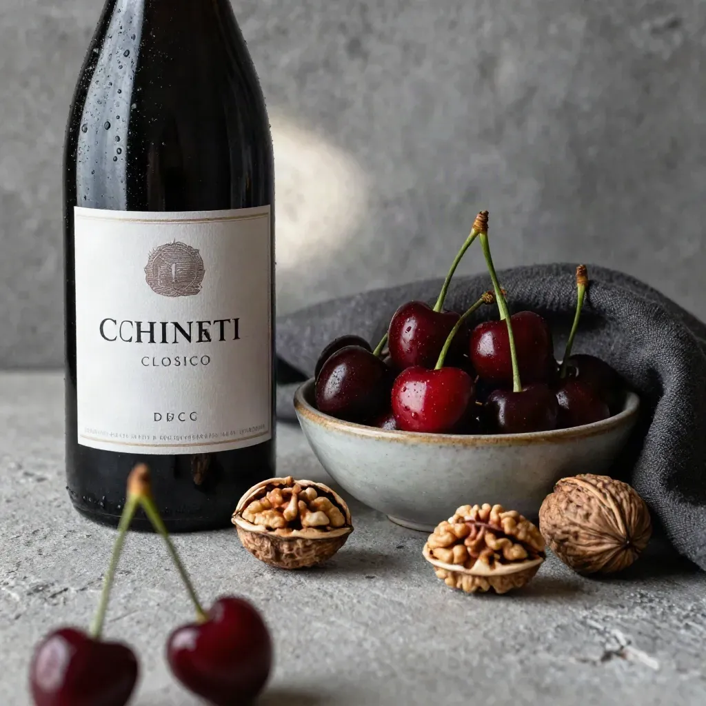 Bottiglia di Chianti Classico, ciliegie, noci e lino scuro su pietra in cantina