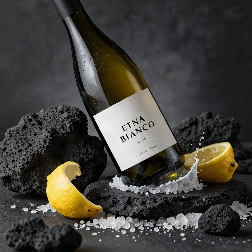 Bottiglia di Etna Bianco con scorza di limone, sale marino e pietra lavica su fondo nero