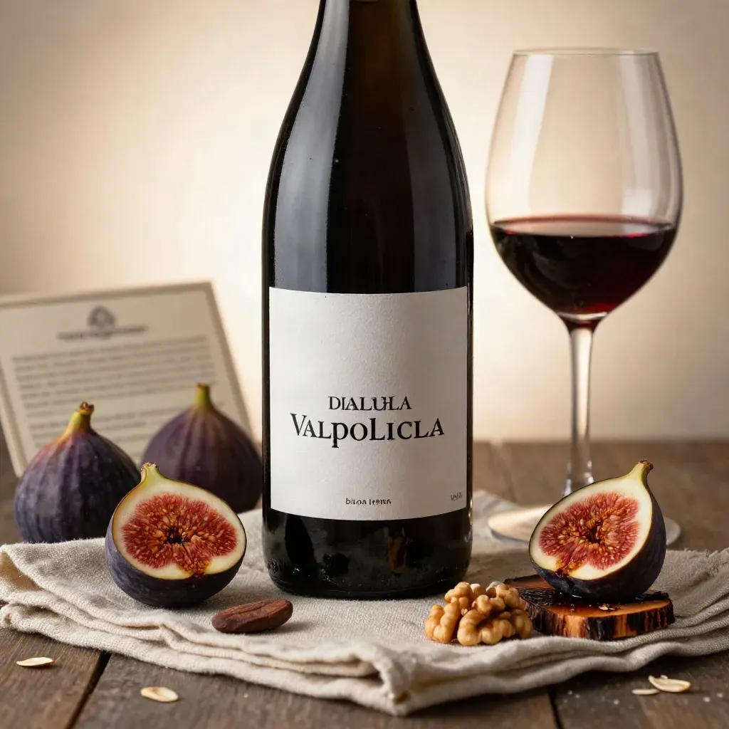 Bottiglia di Amarone con fichi, granella di cacao e lino su tavola di noce