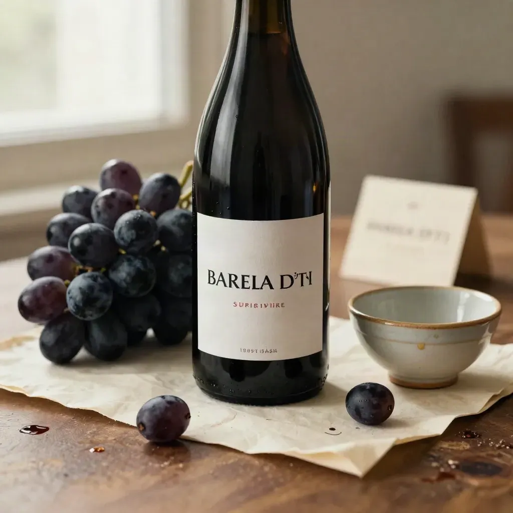 Bottiglia di Barbera d'Asti Superiore con uva nera, tovagliolo crema e ciotola in ceramica su legno