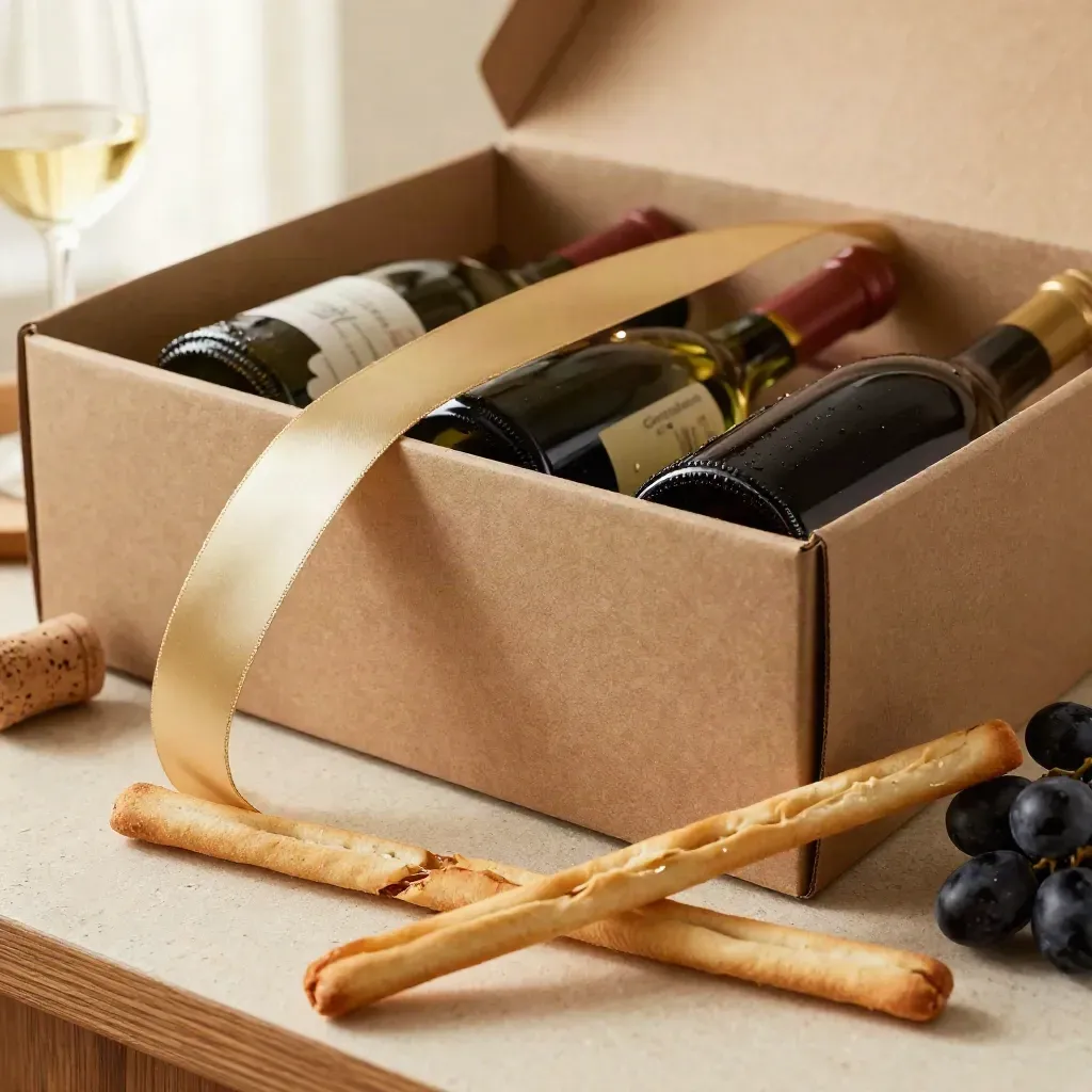 Macro di una cassa vino aperta con bottiglie, scatola regalo, uva e grissini su pietra chiara