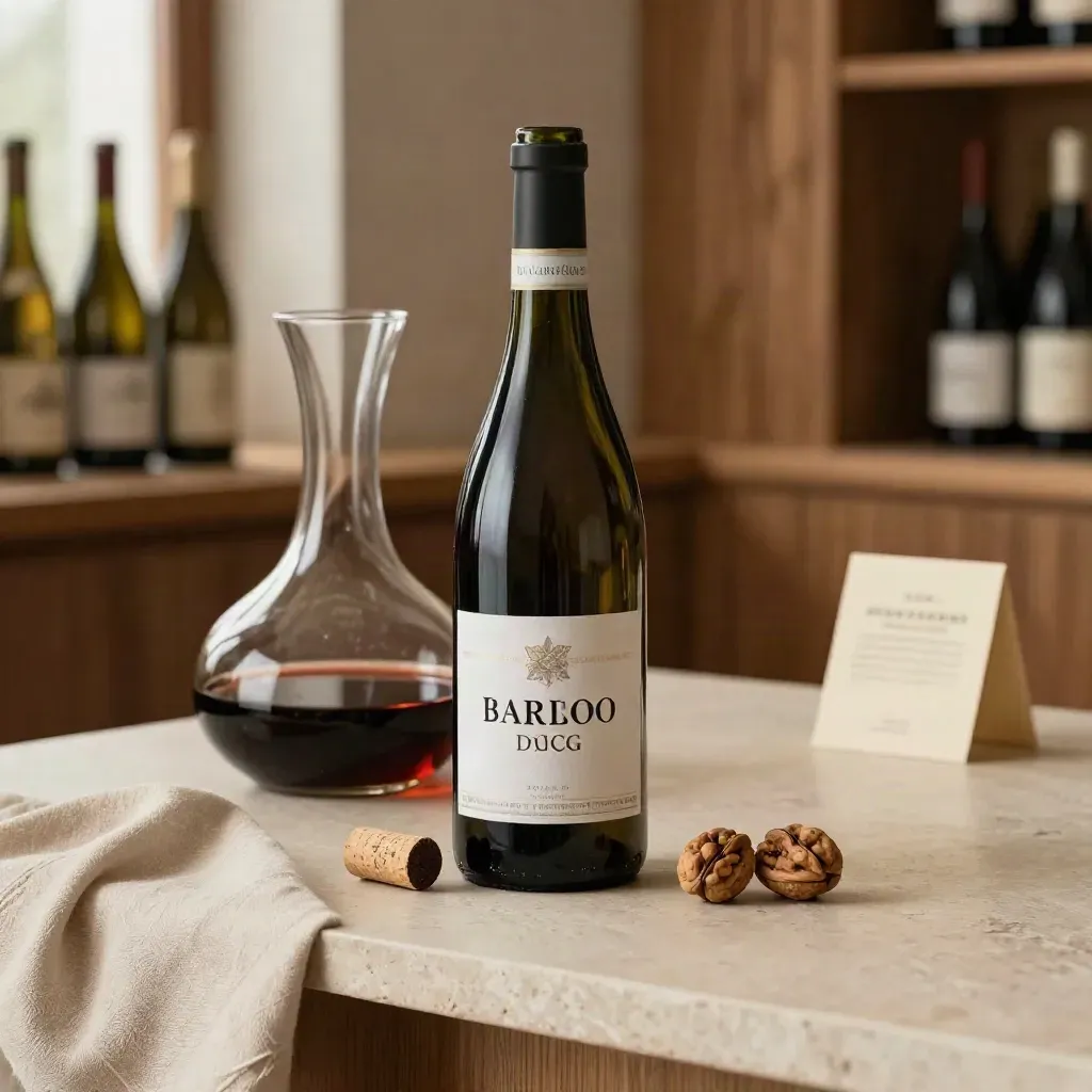 Bottiglia di Barolo con tappo, noce e lino in una luce calda da cantina