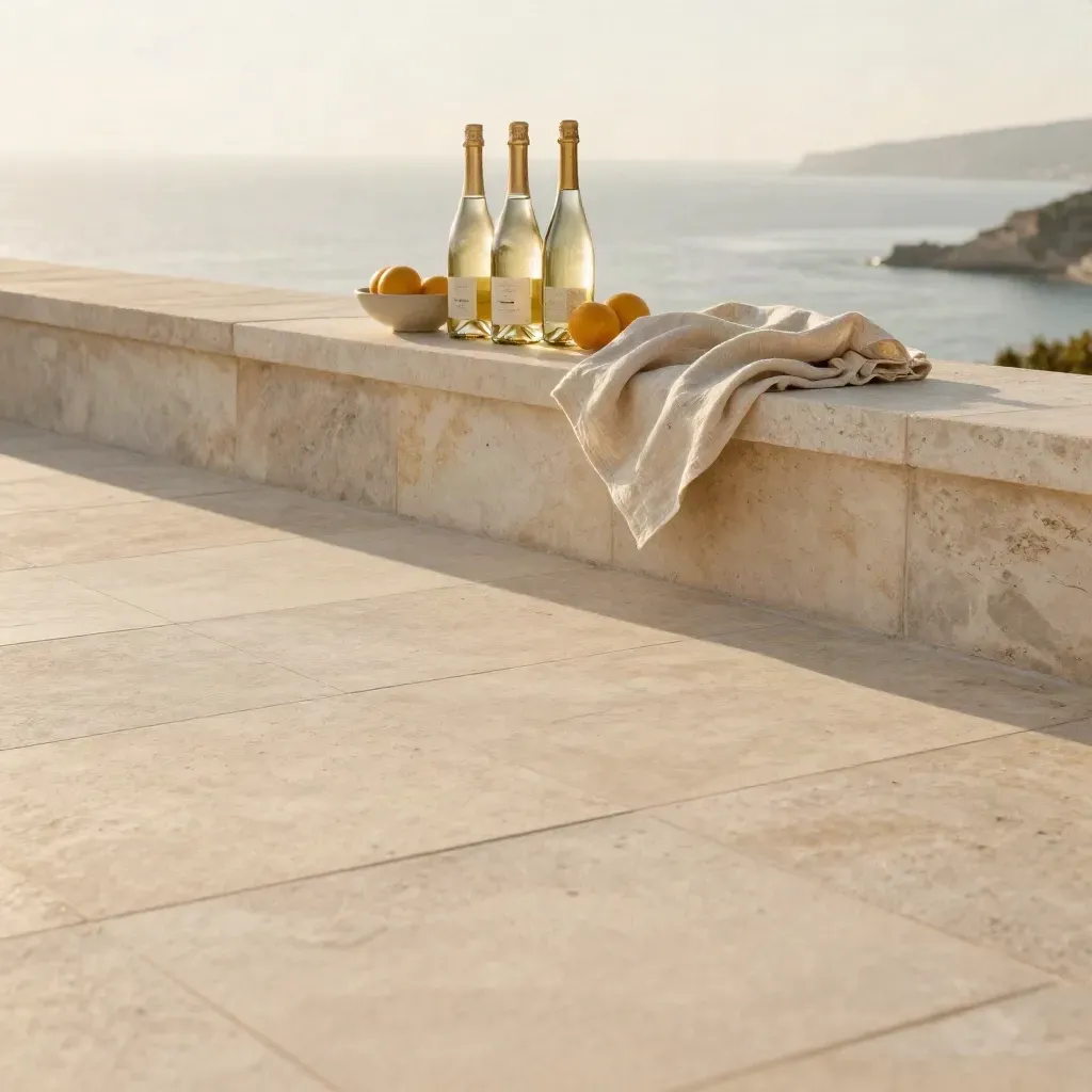 Terrazza costiera al tramonto con bottiglie di bollicine, agrumi e lino mosso dal vento.