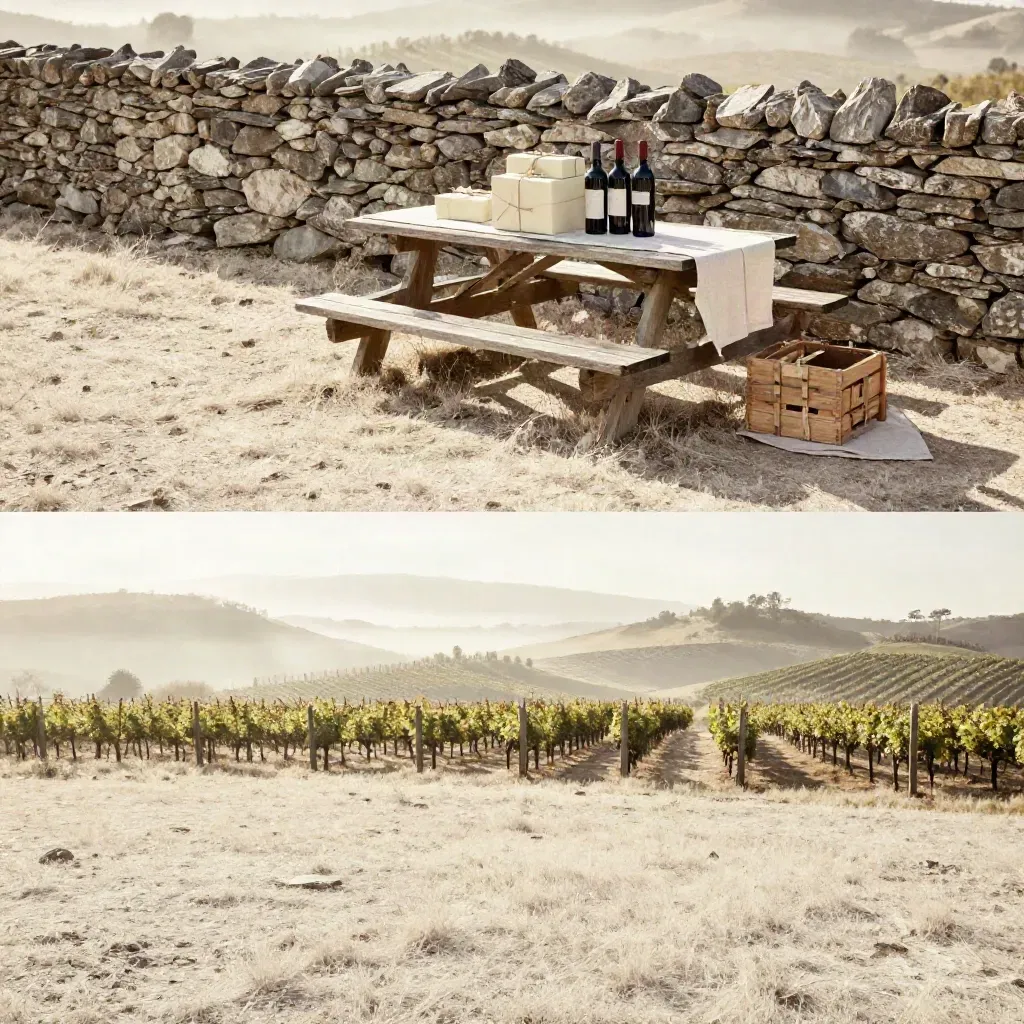 Collina di vigneto con muretto, tavolino e confezioni regalo nella luce del mattino.